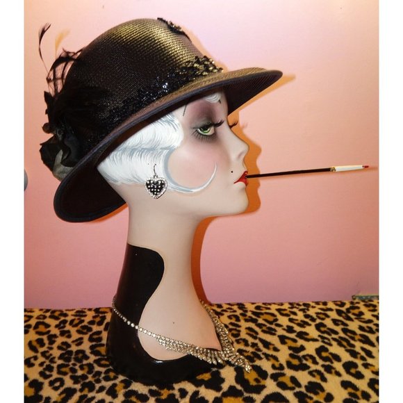 Vintage Black Church Hat with beads sequins feathers & flower goth pinup retro main image 9